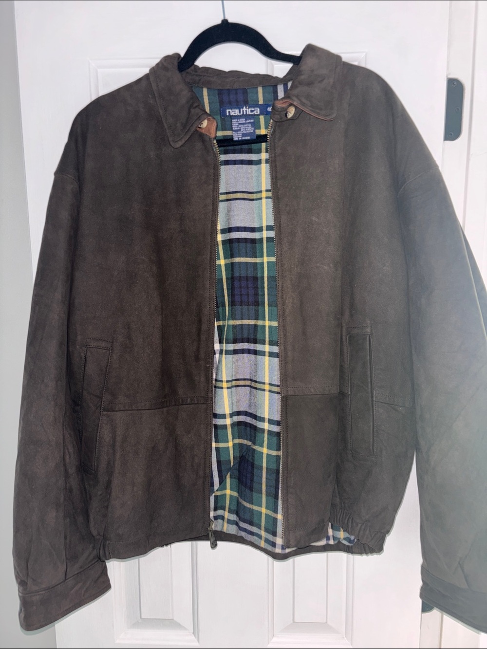 Nautica Men’s Dark Brown Suede Shirt Jacket with Plaid Lining